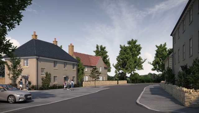 Computer-generated image of a residential street at Park View with stone houses, trees and a parked car