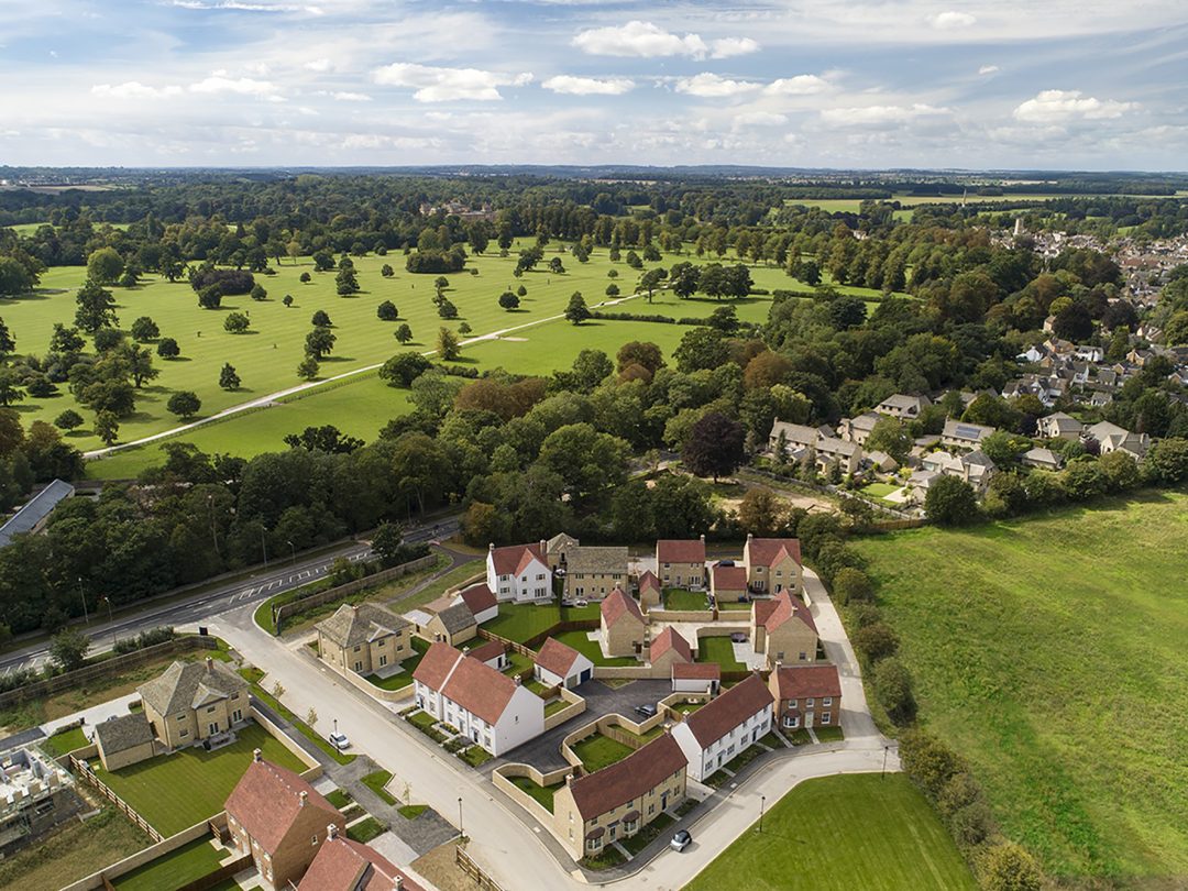 Aerial view of the Park View homes in Woodstock, with Blenheim Park and the town beyond
