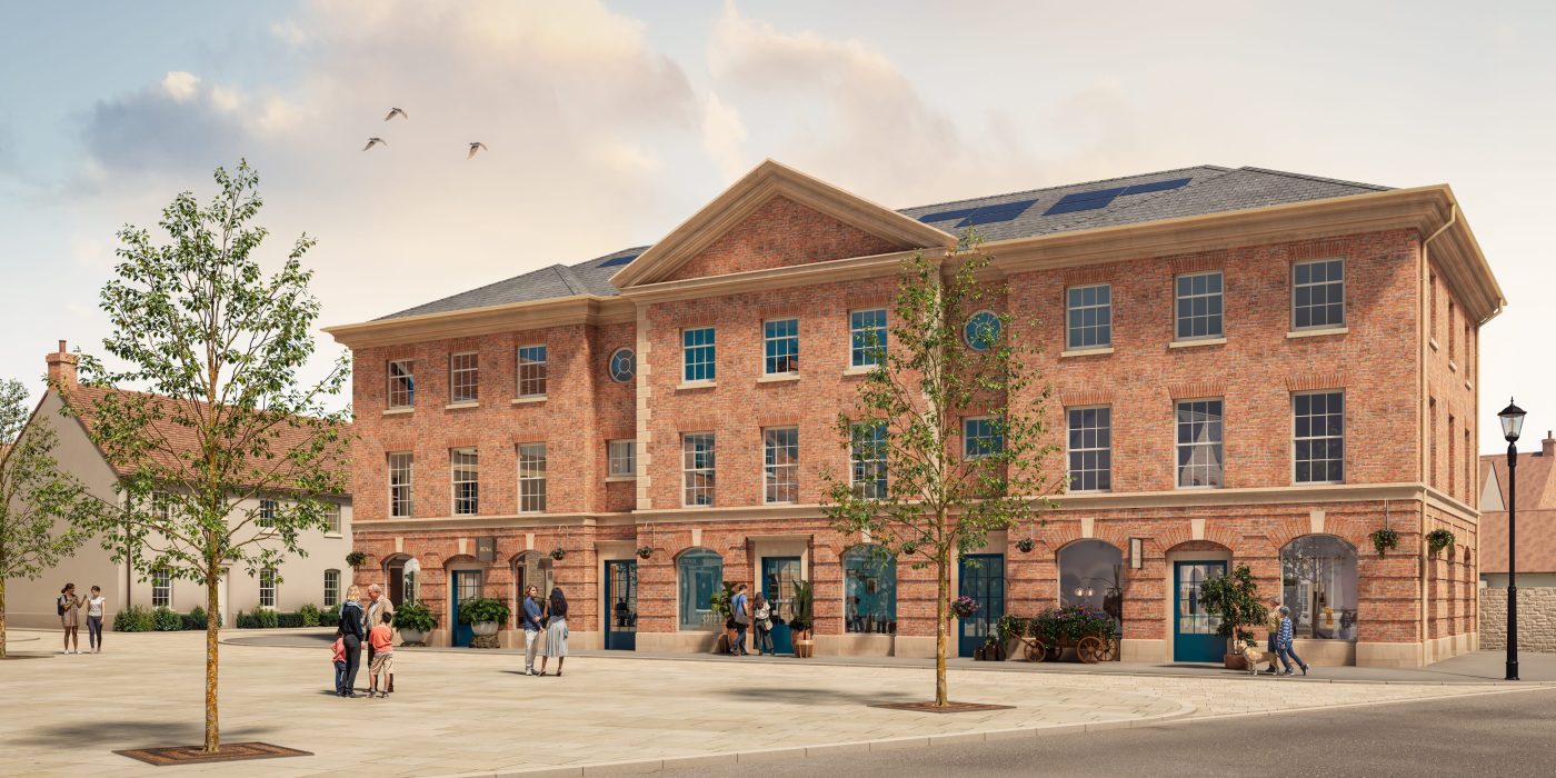 Computer-generated image of a three-storey red-brick building facing a paved square with trees at Park View