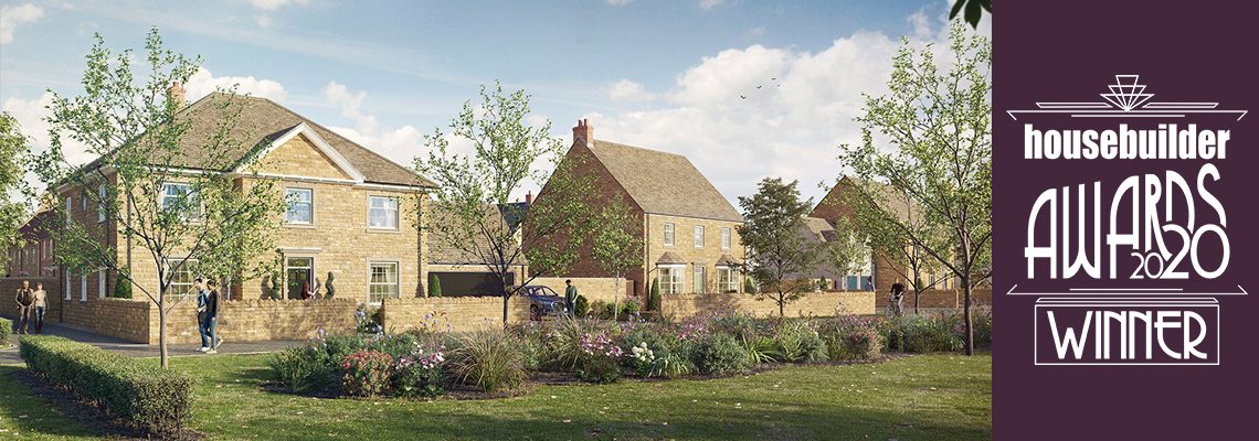 Computer-generated image of new stone homes by Pye Homes, with a Housebuilder Awards 2020 Winner badge