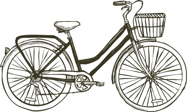 Line drawing of a bicycle with a front basket