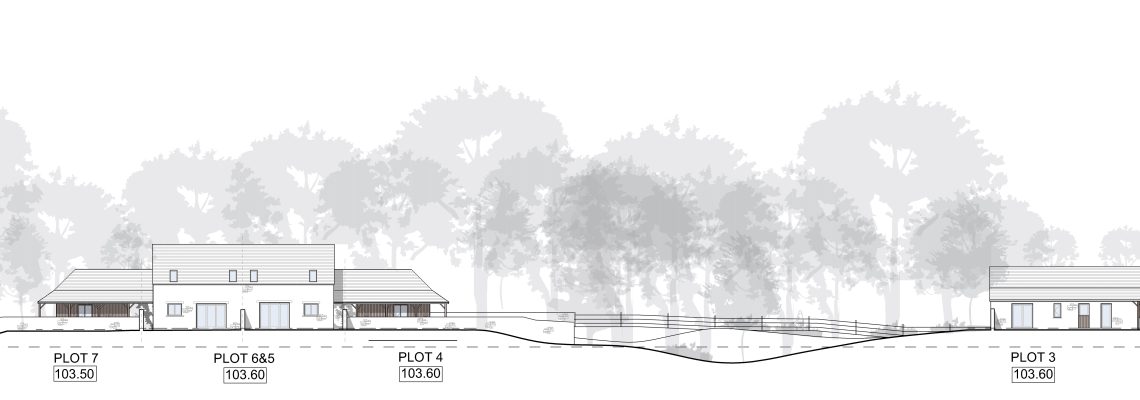Street elevation drawing of the proposed new homes at the former stone quarry in Bladon, set among trees