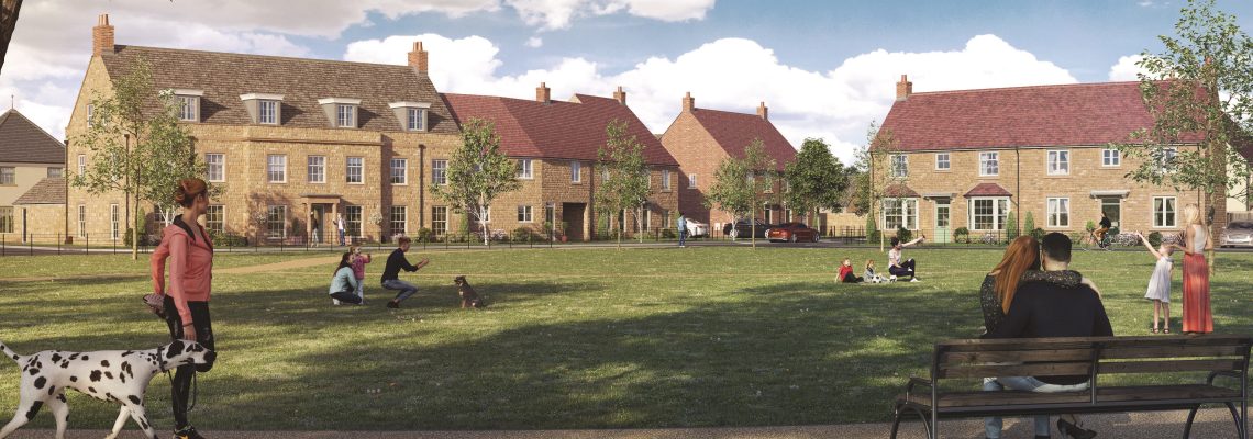 Computer-generated image of people walking a dog and sitting on a bench on the green in front of new homes at Park View
