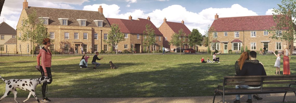 Computer-generated image of people walking a dog and sitting on a bench on the green in front of new homes