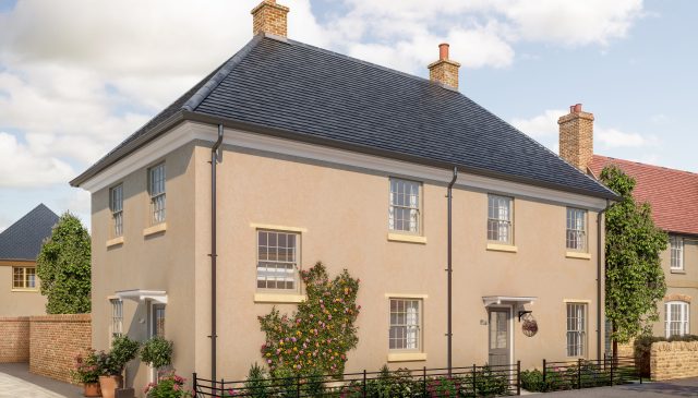 Computer-generated image of a detached rendered house with a climbing rose and railings at Park View