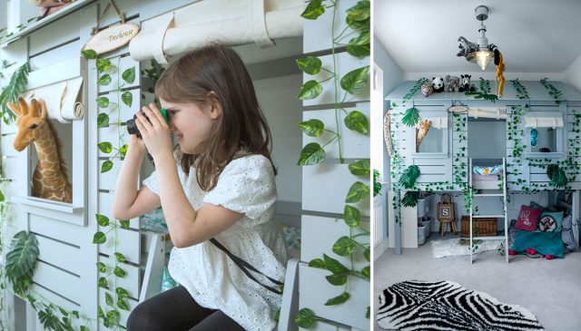 A girl looking through binoculars in a jungle-themed playroom, beside a view of the room with its play house and bunk