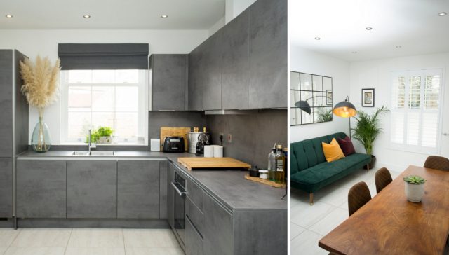 The Coopers' grey fitted kitchen and a dining area with a green velvet sofa and wooden table