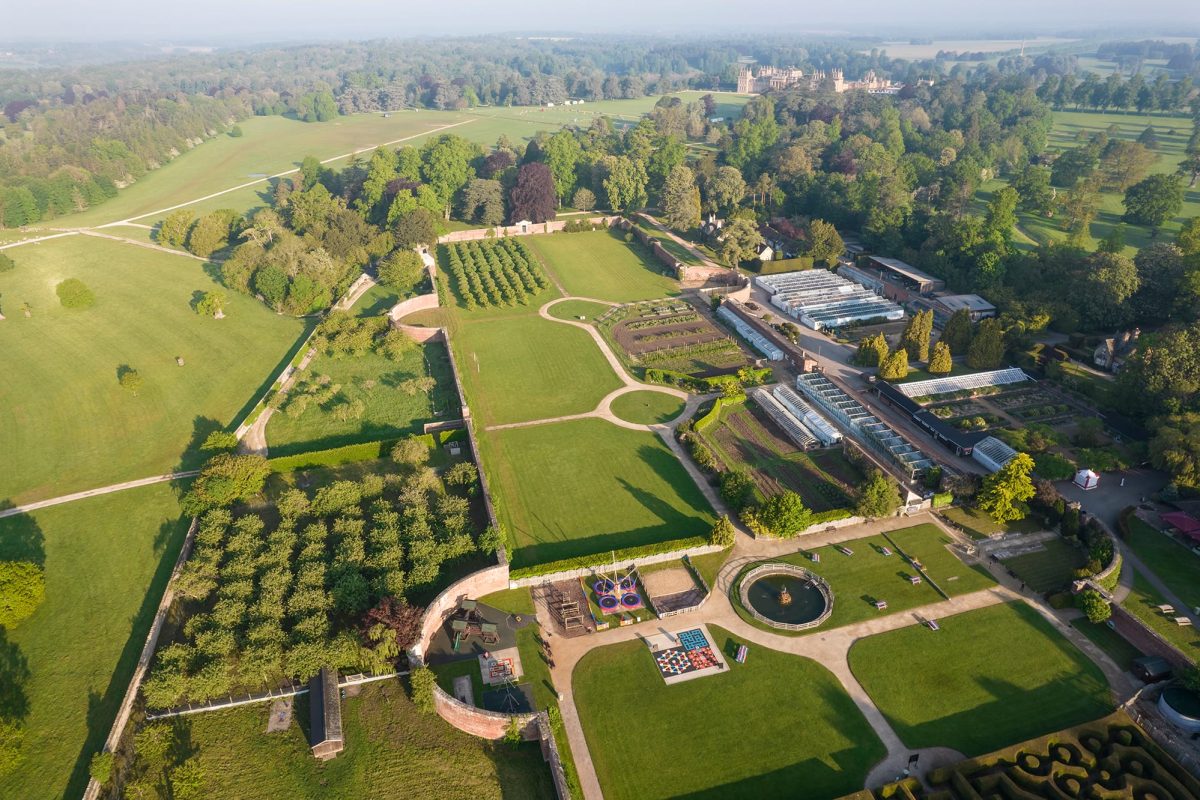 Aerial view of the walled gardens at Blenheim, with Gardens Lodge nearby and parkland beyond