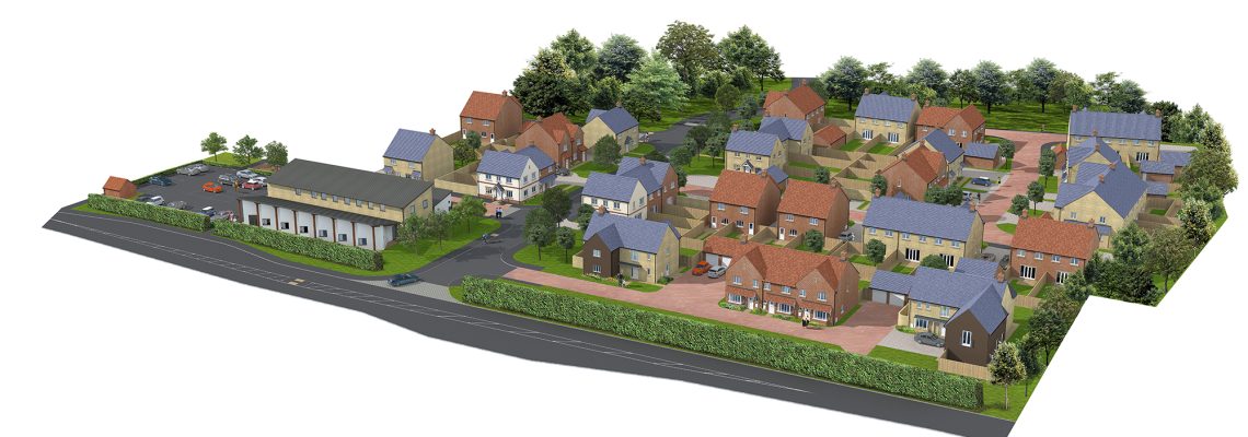 Computer-generated aerial overview of the Hanborough Gate development layout