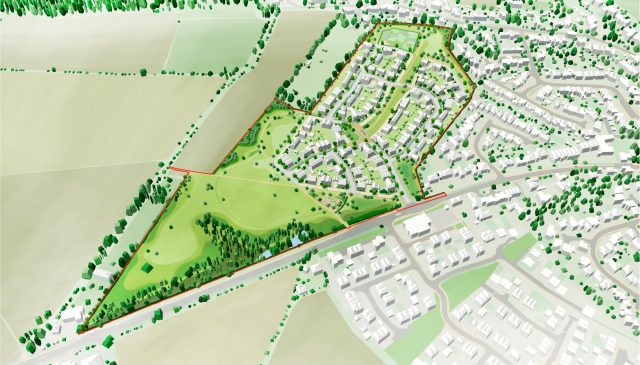 Masterplan drawing of the proposed new homes development, with green open space around the edge