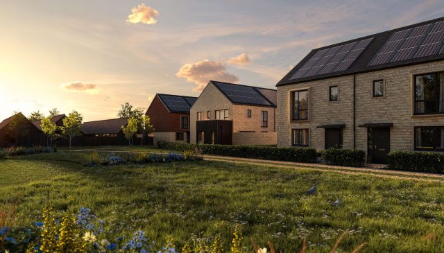 Computer-generated image of stone homes with solar panels at Hill Rise, seen across a wild flower meadow at sunset