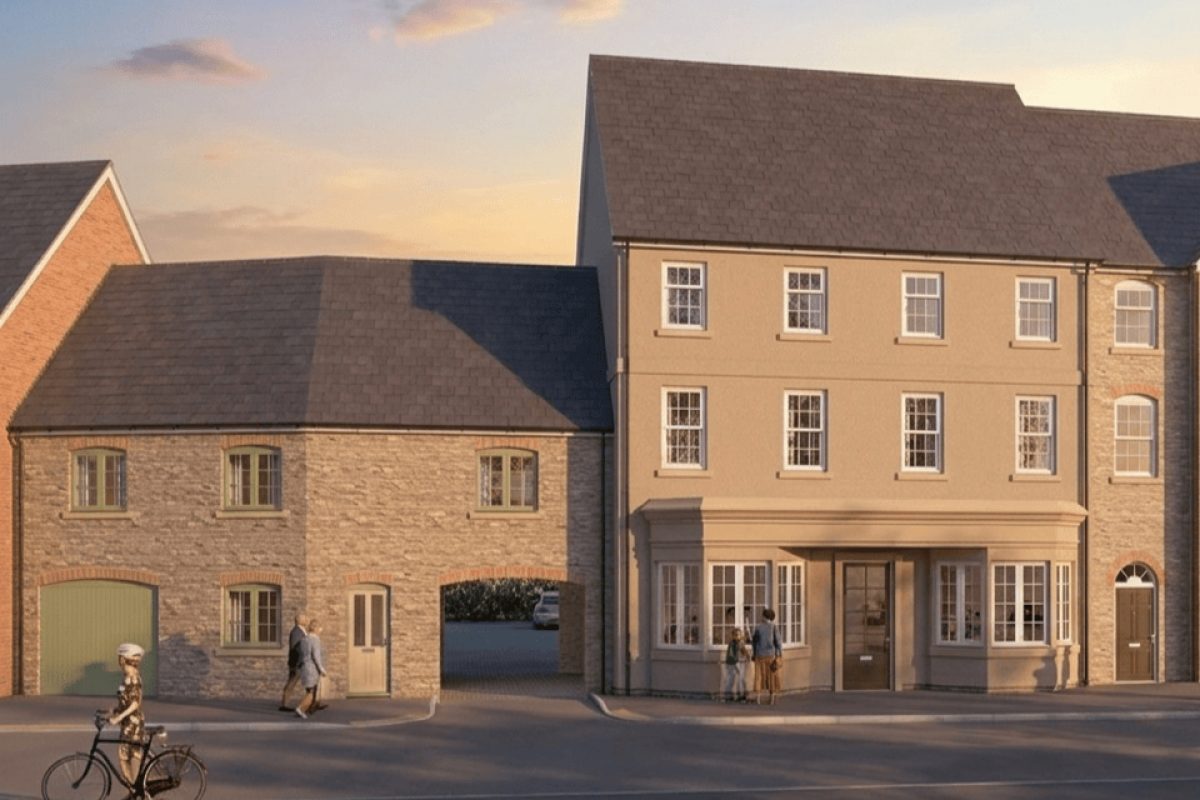 Computer-generated image of a two-storey brick building with a flat over the garage at Park View, at sunset