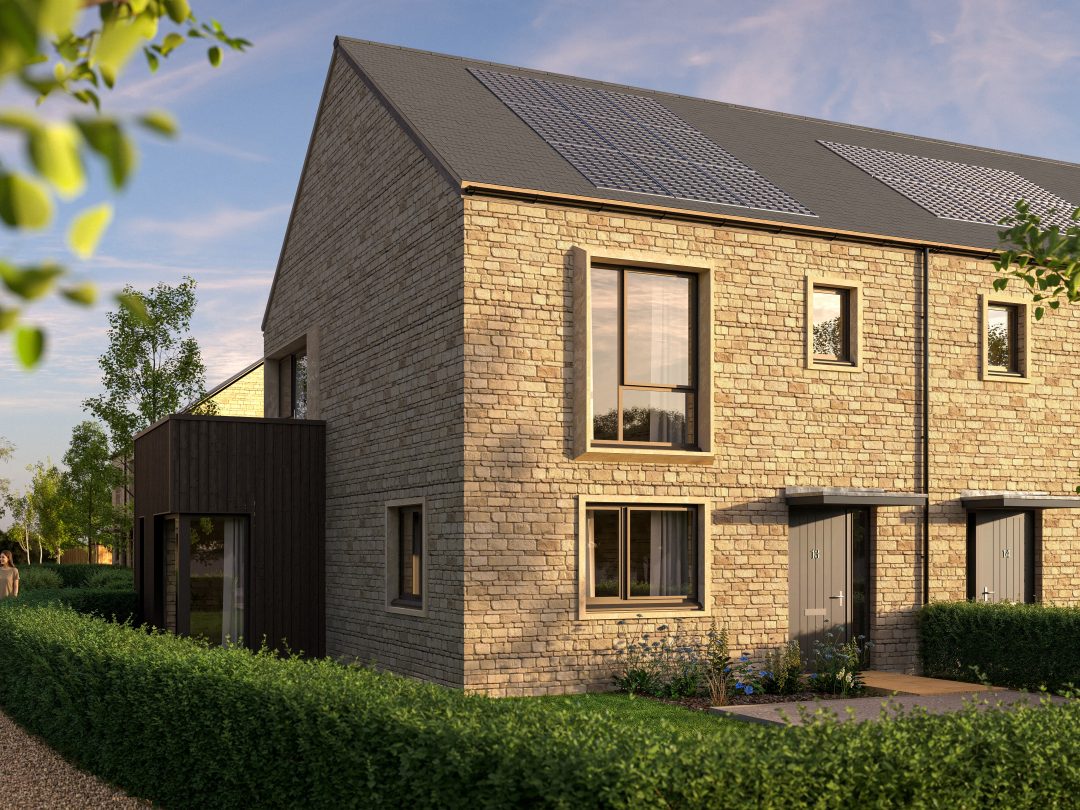 Computer-generated image of a pair of stone homes with solar panels and dark timber cladding at Hill Rise, The Hush