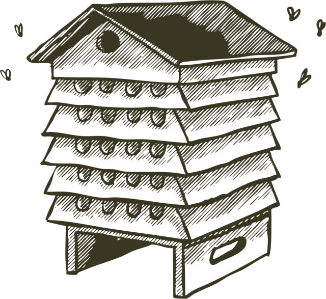 Line drawing of a wooden beehive with bees buzzing around it