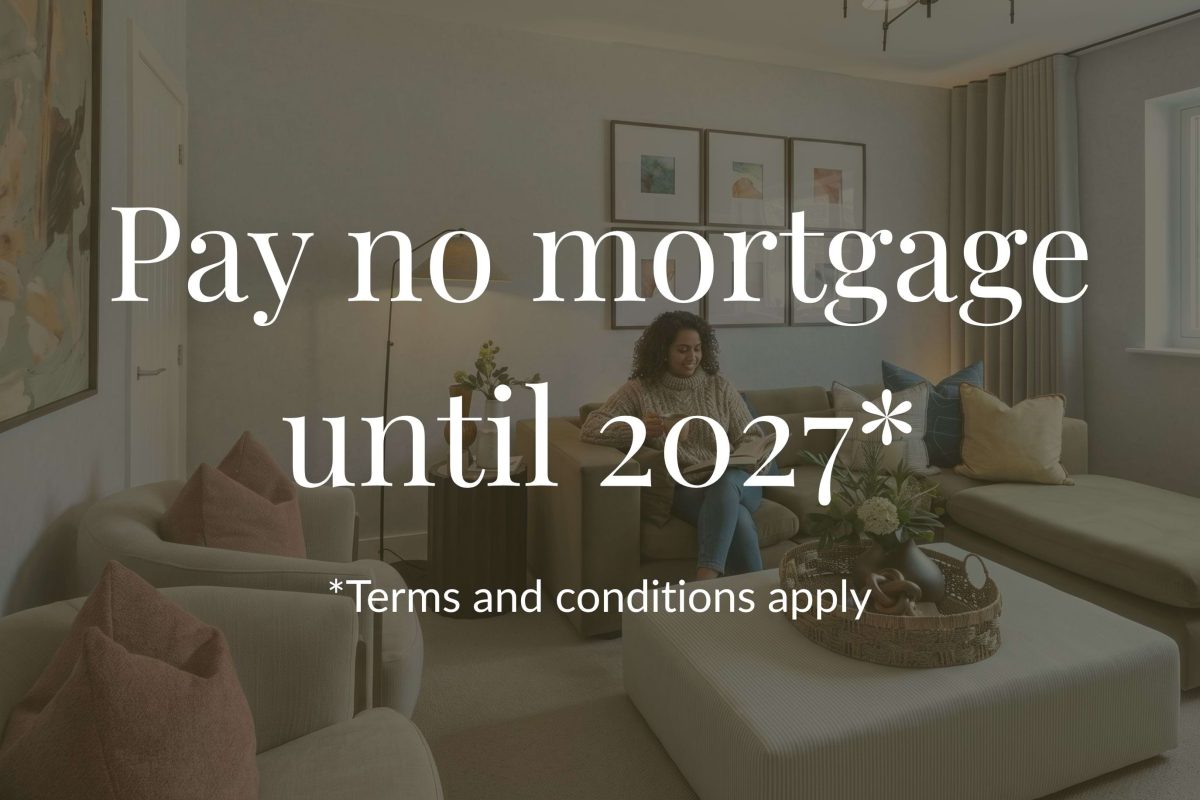 Promotional image reading Pay no mortgage until 2027, terms and conditions apply, over a furnished living room