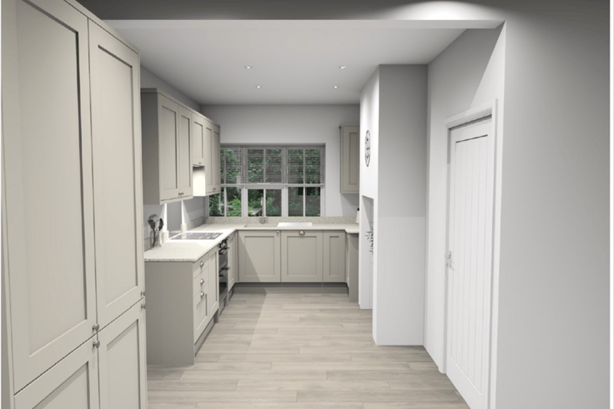 Computer-generated image of the planned galley kitchen at Gardens Lodge with grey units