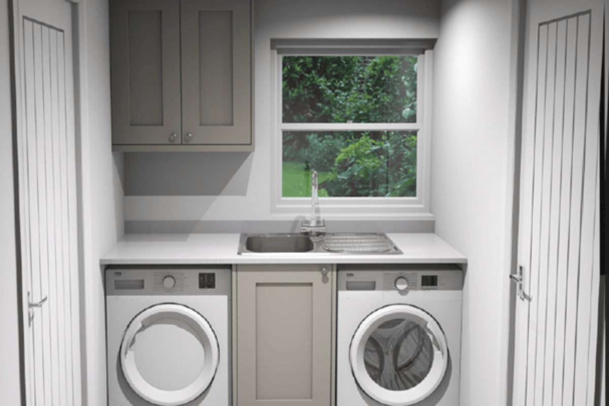 Computer-generated image of the planned utility room at Gardens Lodge with a washing machine and dryer