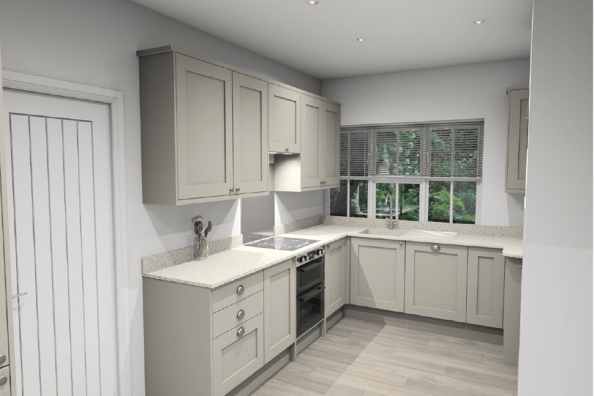 Computer-generated image of the planned kitchen at Gardens Lodge with grey units and a window over the sink