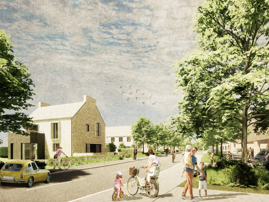 Illustrated view of the planned entrance to Hill Rise, with a classic car, cyclists and a family walking