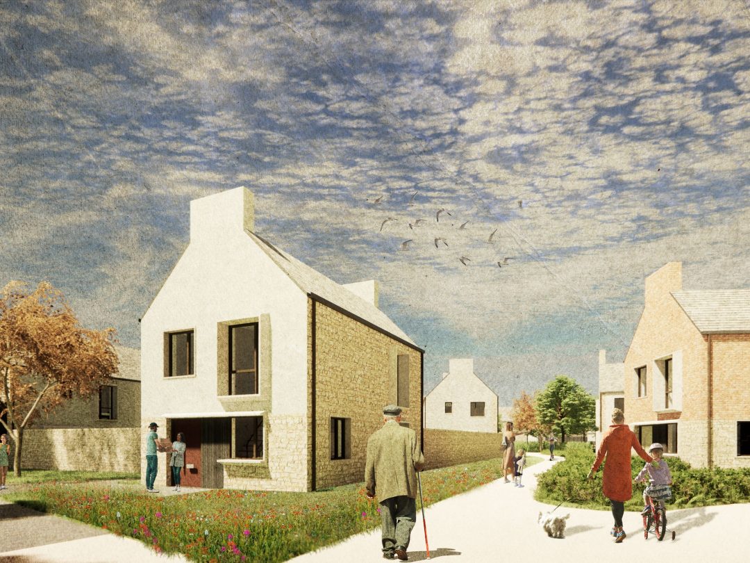 Illustrated view of planned homes at Hill Rise, with residents walking and cycling along a path