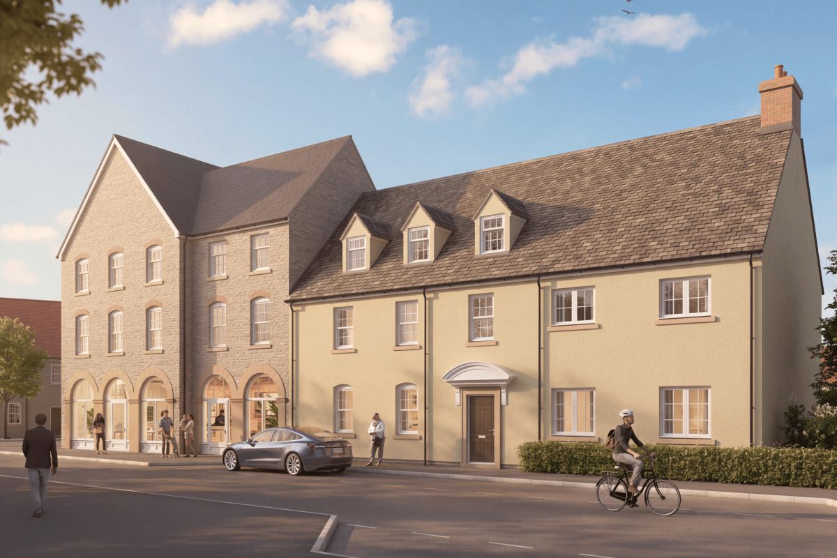 Computer-generated image of a terrace of stone apartment buildings at Park View, with people walking and a cyclist on the street