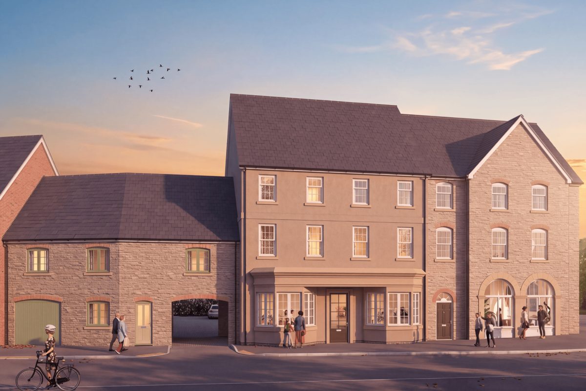 Computer-generated image of brick apartment buildings at Park View at dusk, with people outside and a cyclist