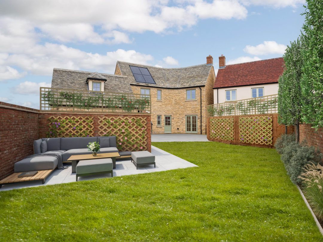 Computer-generated image of the rear garden of The Deacon at Park View, with a lawn, patio seating and trellis
