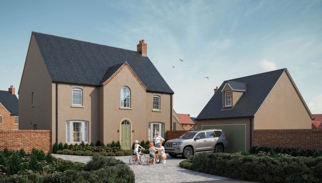 Computer-generated image of a detached stone house and garage with a family cycling on the drive