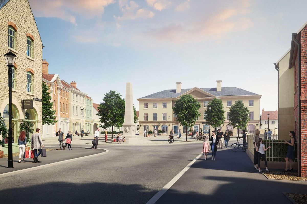 Computer-generated image of the planned town square at Park View, with an obelisk, trees and shopfronts around it