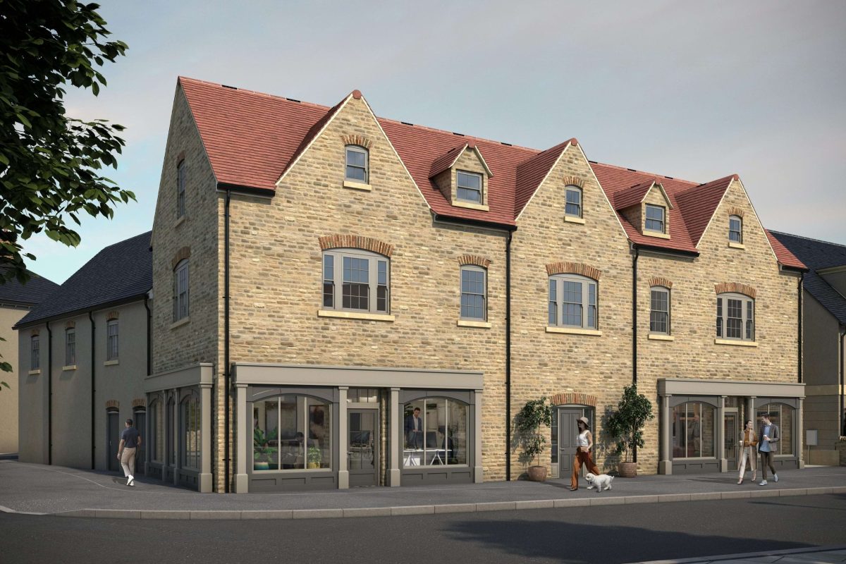 Computer-generated image of a three-storey stone building with ground-floor shopfronts at Wincott Square, Park View
