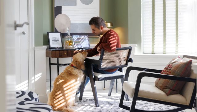 A man working at a laptop at a desk by the window, with his golden retriever beside him