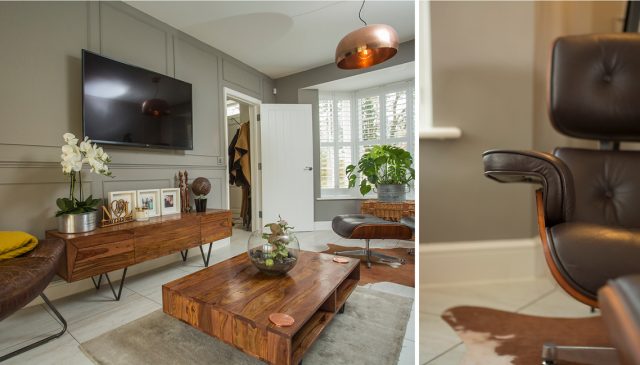 The Coopers' living room with a wooden coffee table and TV unit, and a close-up of a leather lounge chair